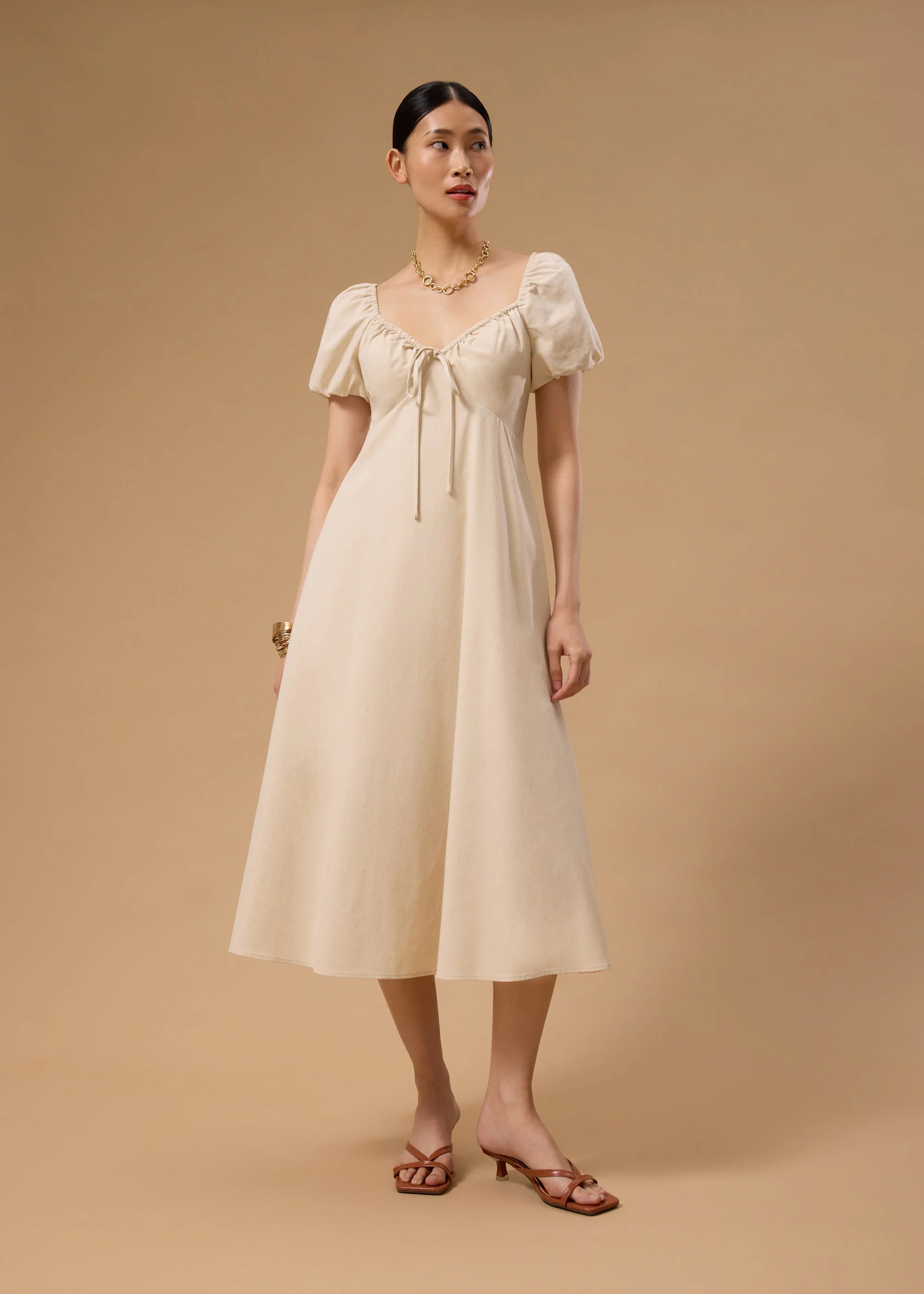 25% OFF BraFree by LB Linen Sweetheart Puff Sleeve Midaxi Dress