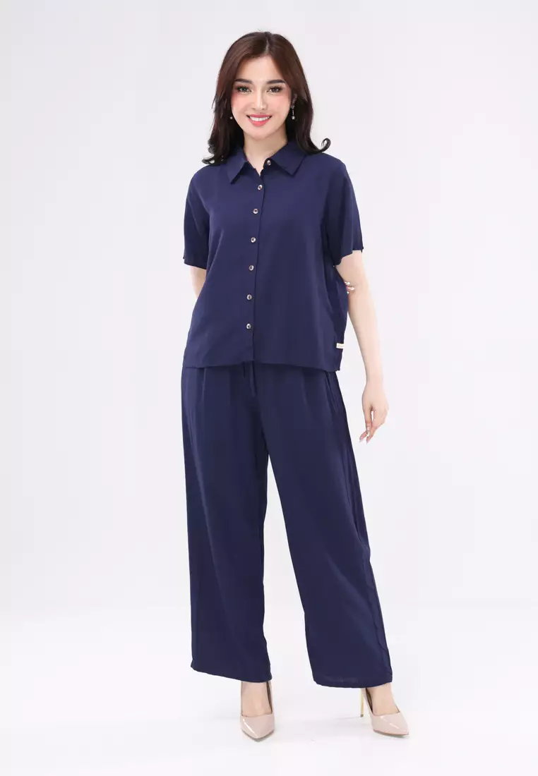 50% OFF Plain Soft Linen Short Sleeves Collared Blouse/Pants