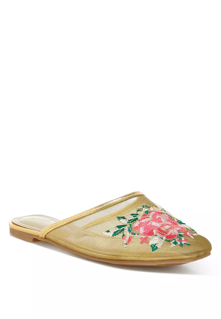 54% OFF London Rag Floral Embroidered Mesh Mules in Gold