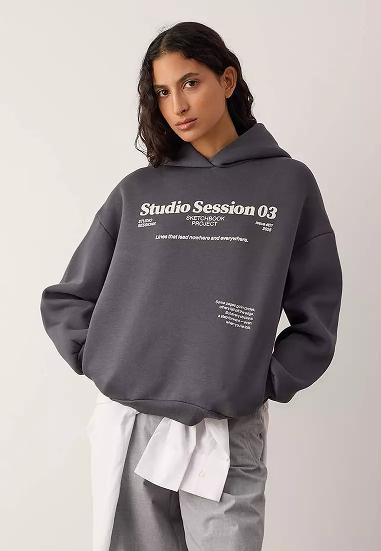 41% OFF Anthracite Thick Fleece Inside Hooded Slogan Printed Boxy Fit Knitted Sweatshirt Twoaw26Sw217