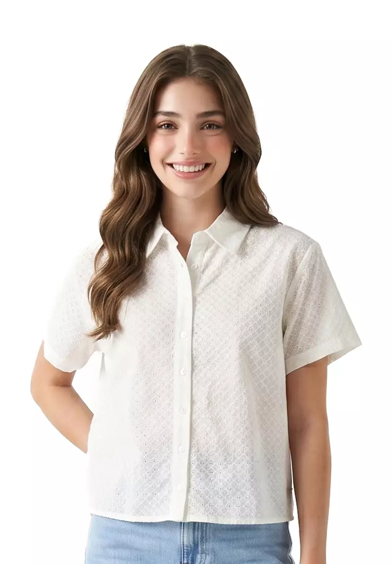 38% OFF Redgirl Cotton Eyelet Short Sleeves Collared Blouse