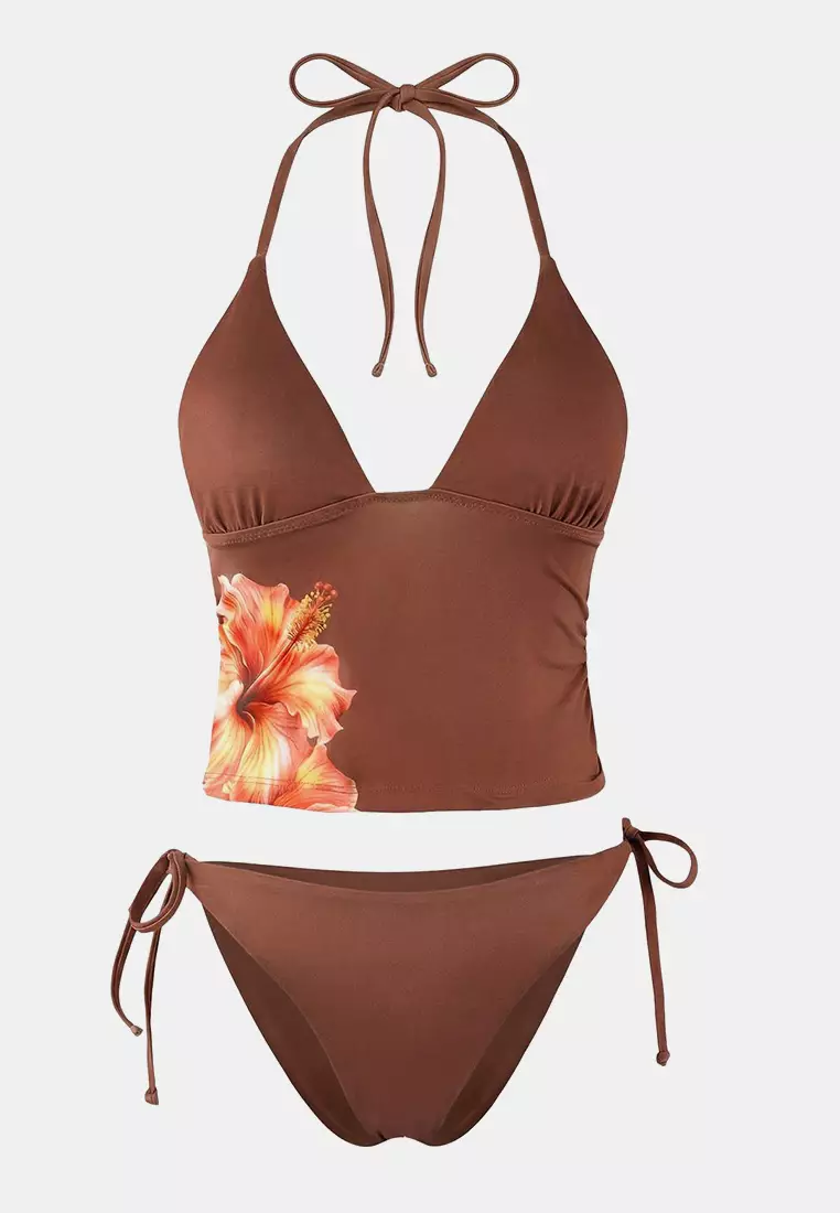 38% OFF Brown Floral Patterned Tie-Up Tankini Covered Normal Waist Brazilian Bikini Set Tbess26Bt8
