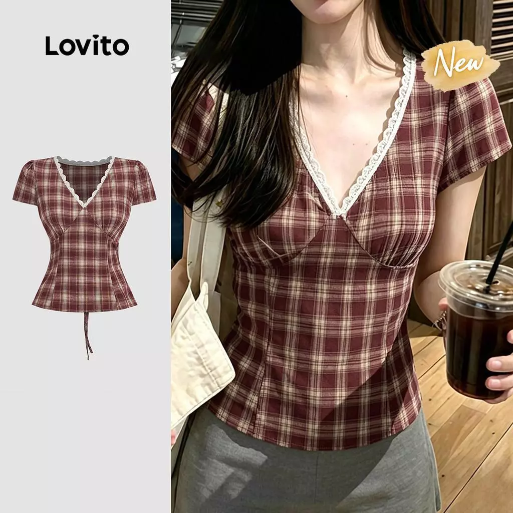 40% OFF (New Arrival) Lovito Women Elegant Blouse Ruffle Neck Tie Back Spring/summer Red White Blouse L196ED612