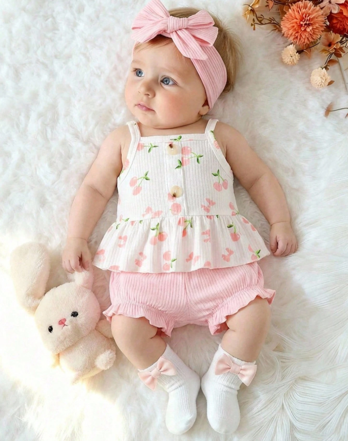 33% OFF SHEIN Newborn Baby Girls Summer Clothes Set Light Pink Cute Cherry Printed Triangle Shorts Outfit With Headband 2 Pieces Photo Shoot Suit For Infant Girls