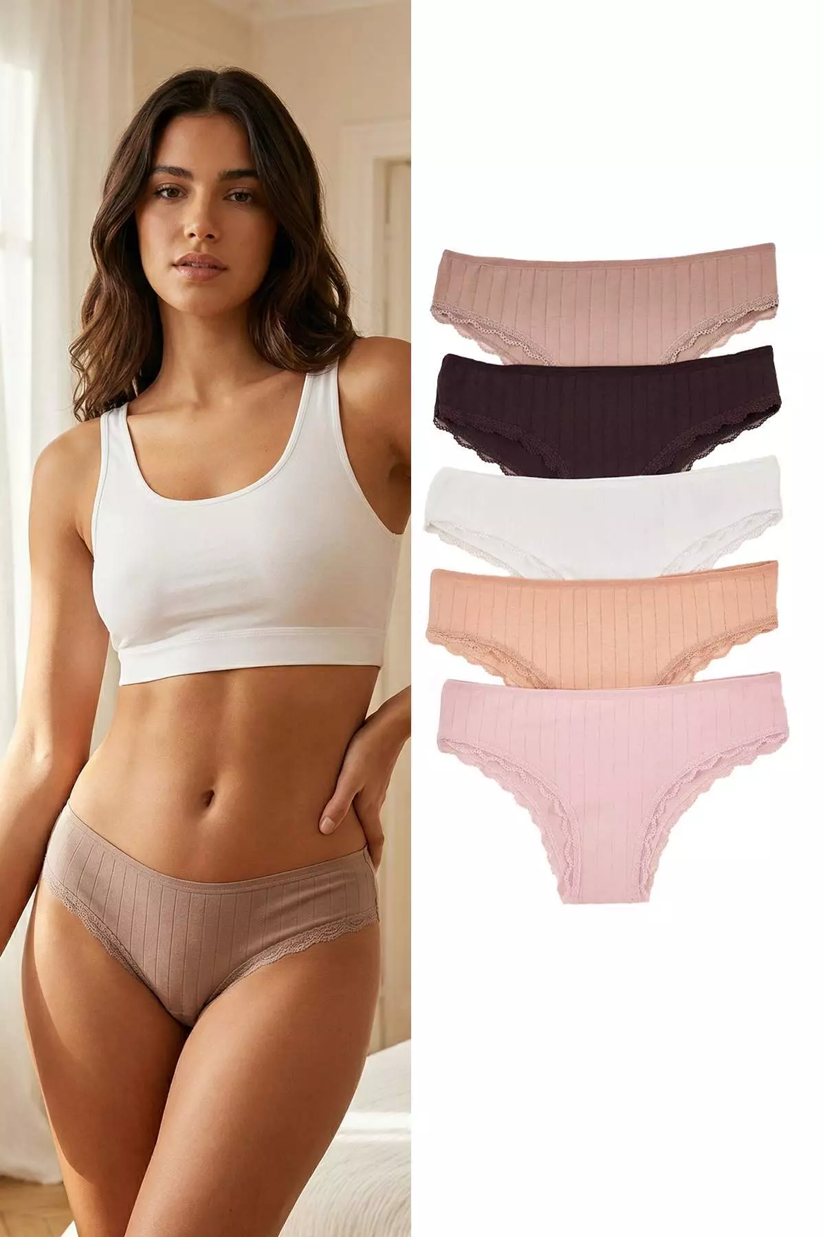 20% OFF Brown-Multicolor Cotton 5-Pack Lace Trim Striped Brazilian Knitted Panties Thmss26Ku5