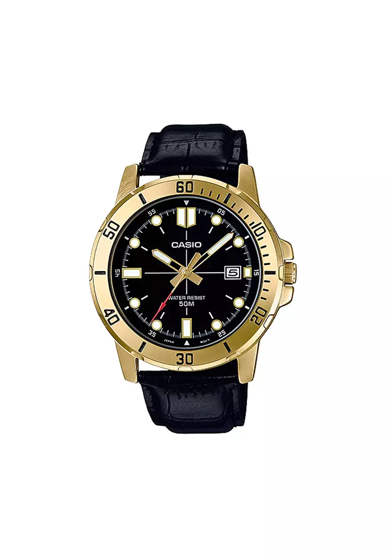 55% OFF Men's Analog MTP-VD01GL-1EV Gold tone Black Leather Watchv