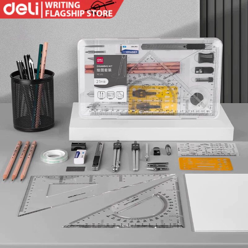 62% OFF Deli Drawing Suit PP Box 21-piece Set Drawing Pencil Ruler Eraser Compasses VC101