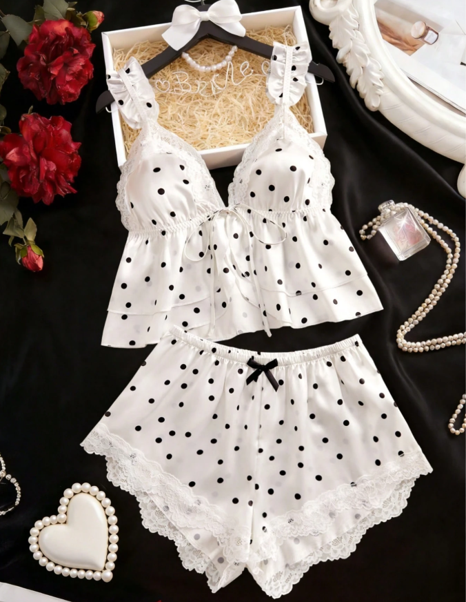 5% OFF 2pcs Women's Pajama Set, Lace V-Neck Halter Top With Lace Patchwork Shorts, Bowknot Waist Decoration, Comfortable Soft Cute Women's Loungewear, Aesthetic