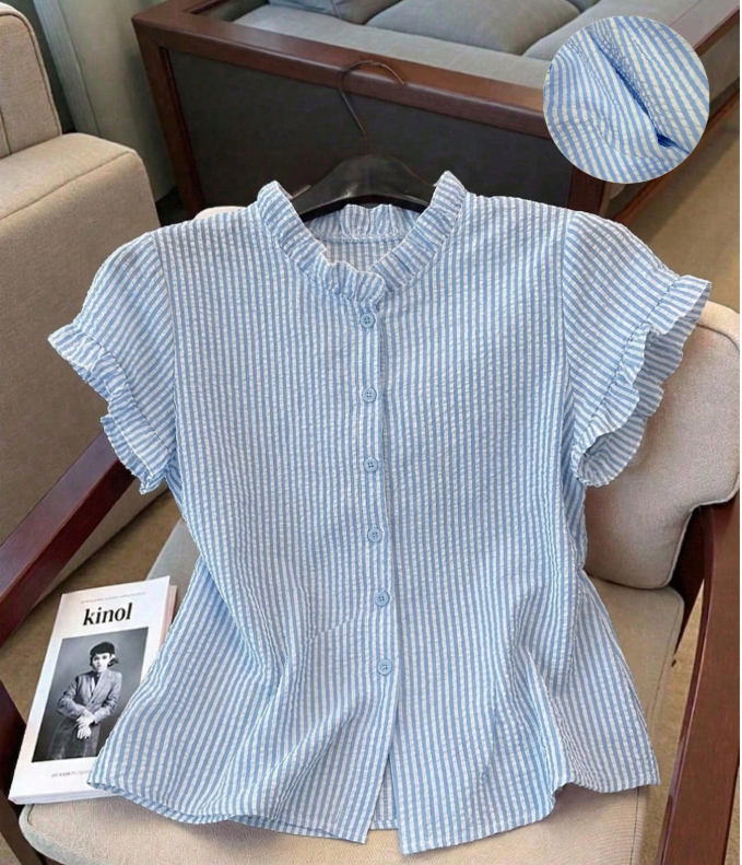 4% OFF Franclia Women's Ruffle Collar Short Sleeve Single-Breasted Striped Shirt