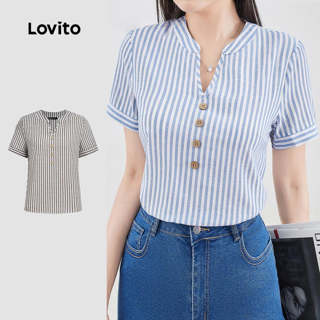33% OFF Lovito Women Elegant Blouse Korean Button Soft and Comfortable Spring/summer Blue Blouse L137ED187