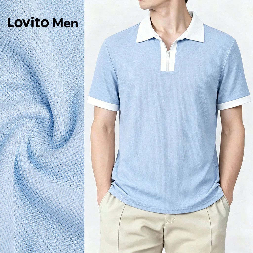 43% OFF Lovito Men Casual Polo Shirt Colorblock Plicated Spring/summer Blue Polo Shirt L193ED055