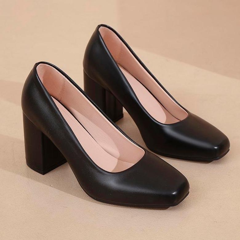 58% OFF Fashion Elegant French Style Square Toe Block Office Leather 1/2/3 inch High Heels For Women Classy School Student's Graduation High Heels Mid-Heel Black Bowknot Decor Sandals With Heel