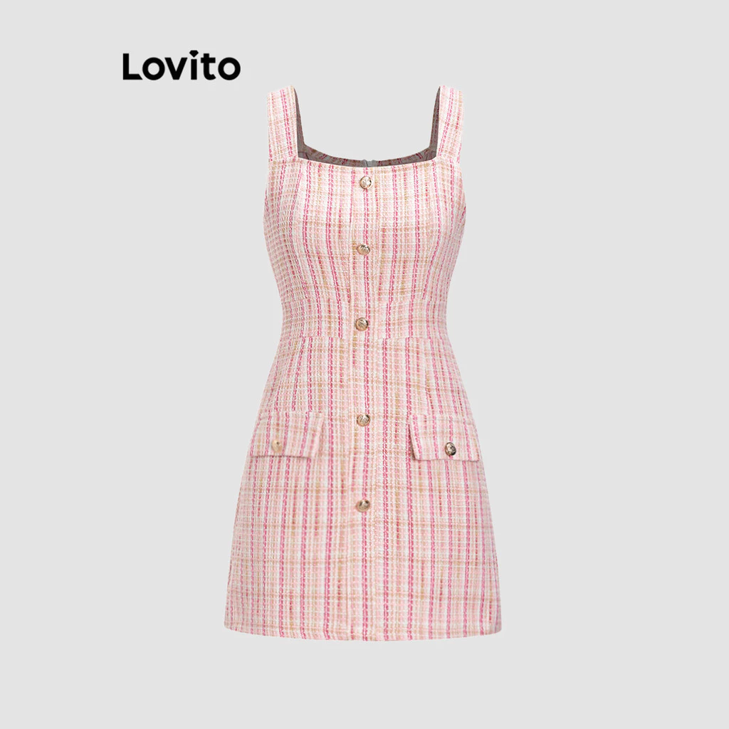 51% OFF Lovito Women Casual Dress Plaid Fake Pocket Zipper Dress L58AD103 (Pink)