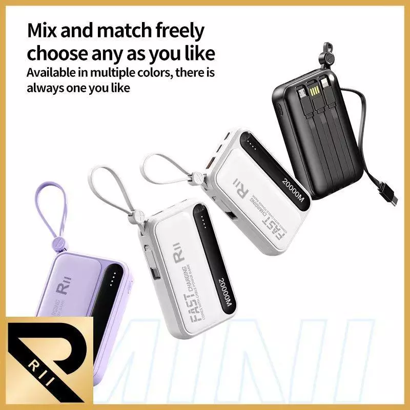 34% OFF RII New R08 20000mah Portable Powerbank with 4 Cables Fast Charging with Built-in CABLE for USB,iPhone, Type and Micro Cable