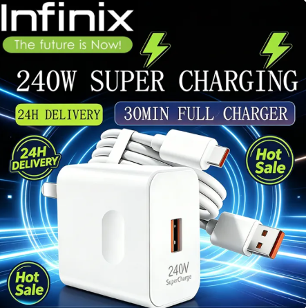 50% OFF Infinix Charger Super Fast Charger 240W Type-C Cable Adapter Set For Android Charger Type-C Charger