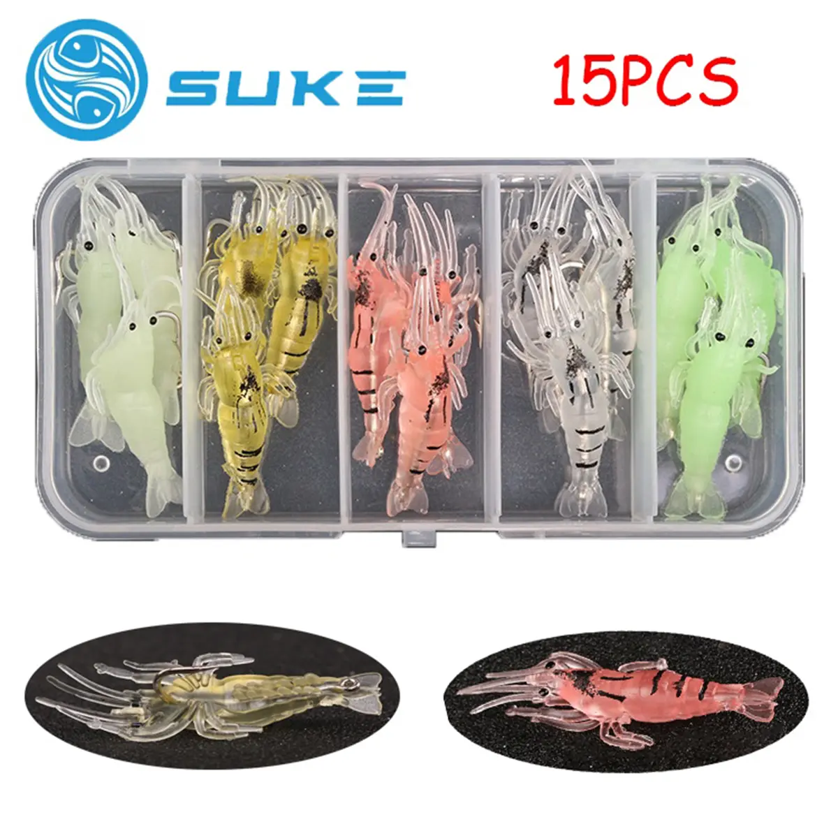 50% OFF 15Pcs Shrimp Lure With Hook and Free Lure Box 5 Color Soft Bait Fishing Lure Artificial Bait Outdoor