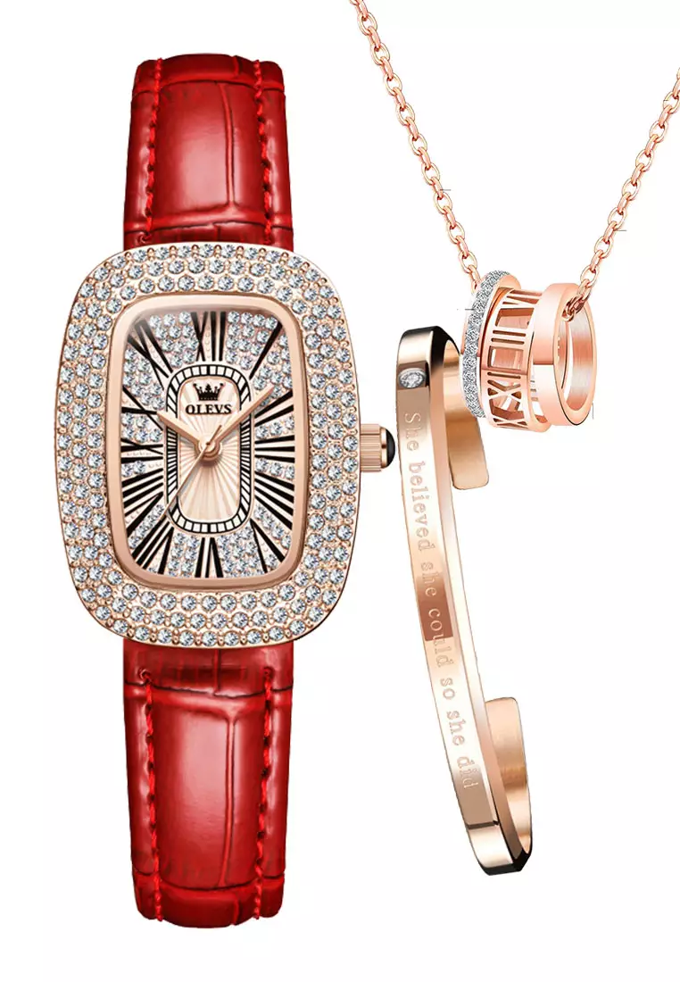 62% OFF OLEVS Elena Leather Women Quartz Watch & Bangle Set