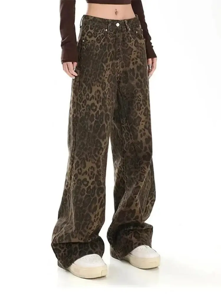 60% OFF Tan Leopard Jeans Women Denim Pants Female Oversize Wide Leg Trousers Streetwear Hip Hop Vintage Clothes Loose Casual DF5181