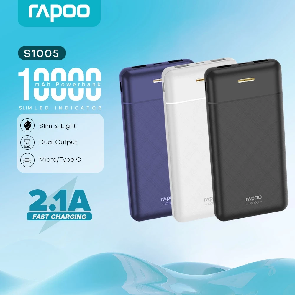 70% OFF Rapoo S1005 10000mAh Powerbank Li Polymer Dual Output Fast Charge Slim Portable Powerbank Original