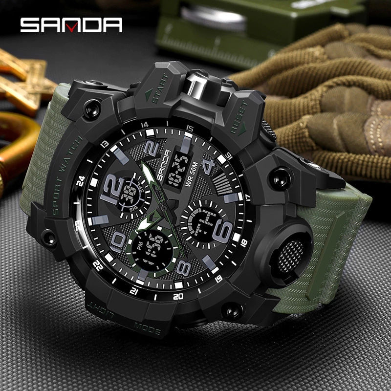 72% OFF【Sanda Official】Men Watch Sports Waterproof Watch Digital Quartz Super Bright Fashion Luxury LED Outdoor Analog Military Multi-function