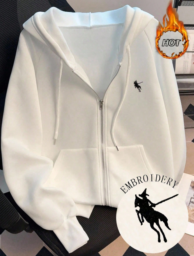 45% OFF SHEIN New Style Horse Embroidery Hooded Casual Solid Color Zip-Up Jacket For Women