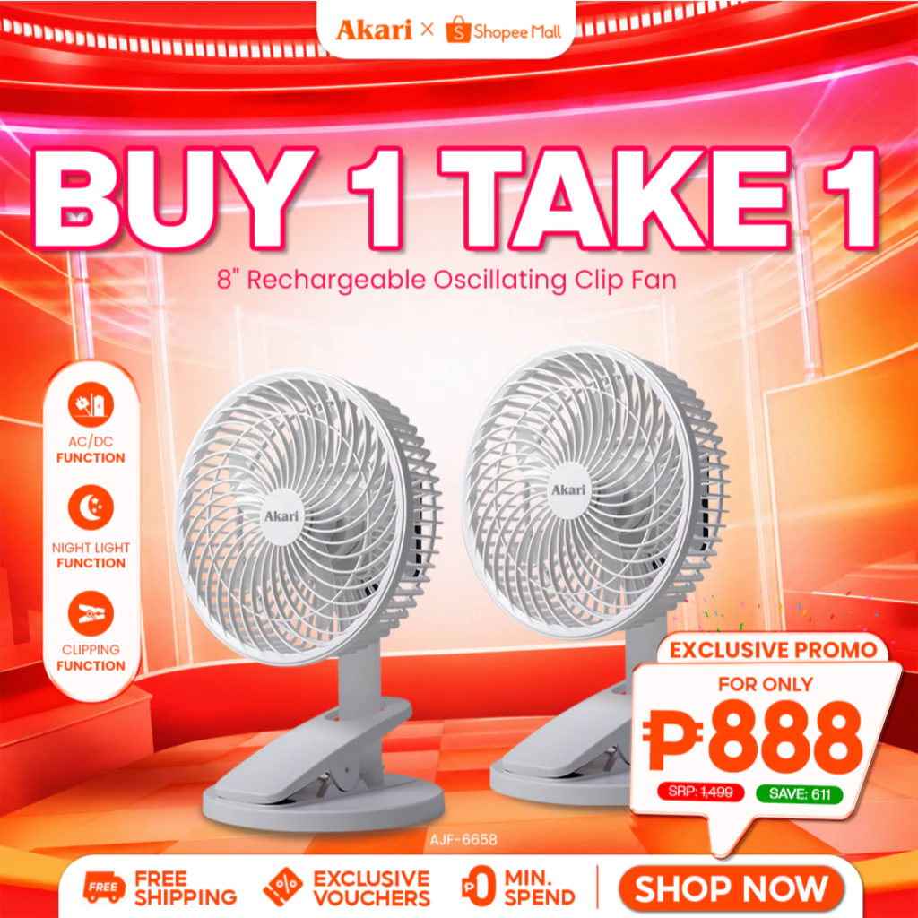 70% OFF Buy 1 Take 1: Akari 8" Rechargeable Oscillating Fan with Emergency Nighlight (AJF-66508)