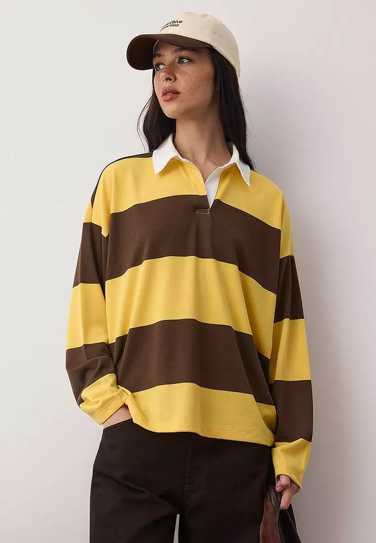 28% OFF Yellow Striped Polo Neck Oversize/Wide Fit Knitted Sweatshirt Twoaw26Sw51