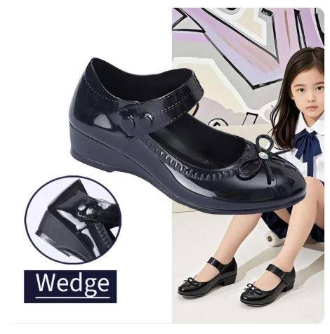 39% OFF Bowknot 3cm wedge heel shiny black shoes for girls Fashionable children's school shoes