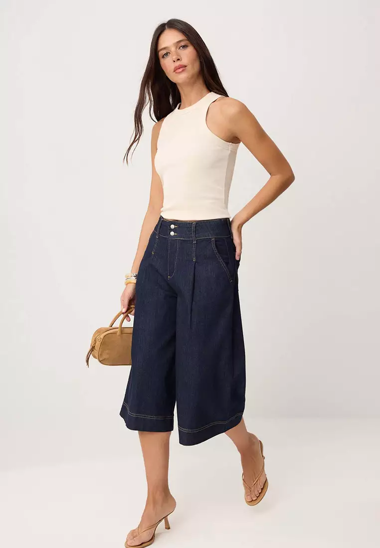 40% OFF Trendyol  Dark Blue High Waist Wide Leg Capri Jeans Twoss26Je38