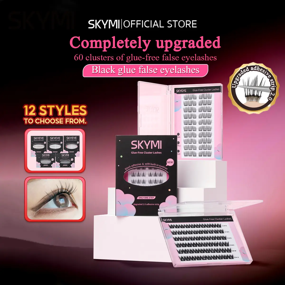 56% OFF SKYMI (60 clusters) Glue-free false eyelashes Upgraded black glue-free false eyelashes, self-adhesive, no glue required C curl, 6-14mm, reusable, comes with eyeliner Effect: Achieve thick, long eye makeup in one step, no need to apply eyeliner