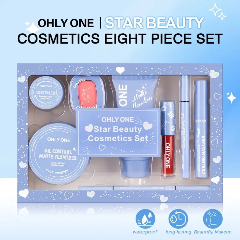 60% OFF OHLY ONE Star Beauty 8-Piece Makeup Set - Liquid Foundation, Face Powder, Blusher, Lip Gloss, Eyeliner, Mascara, Concealer, Eyebrow Pencil - Waterproof Face Makeup Kit Cosmetic