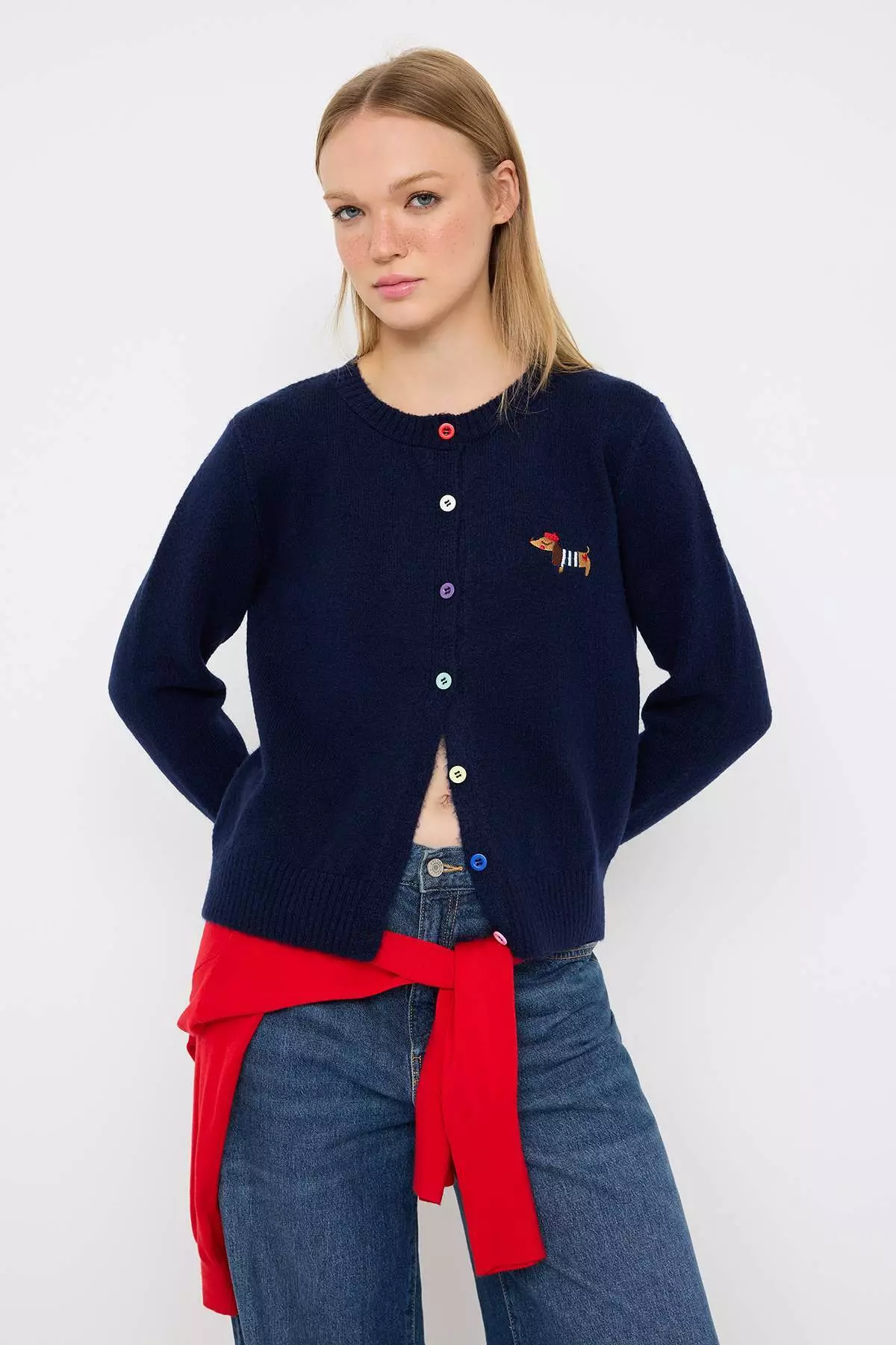 44% OFF Navy Blue Crew Neck Soft Textured Dog Embroidered Knitwear Cardigan Twoaw26Hi00274
