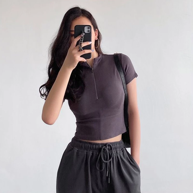 38% OFF Collar Top Half Zip Short Sleeves Stand Knitted Crop Top 6A0158
