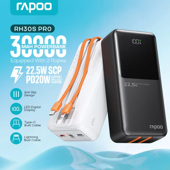 75% OFF Rapoo RH30S PRO 30000mAh power bank provides reliable high-capacity backup power and supports 22.5W fast charging. It features a built-in Type-C and iPhone fast charging cable, 5 outputs, 2 inputs, an LED display, and an emergency power supply.
