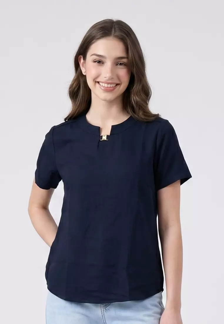 61% OFF Bold Twill Chinese Collar Short Sleeves Blouse