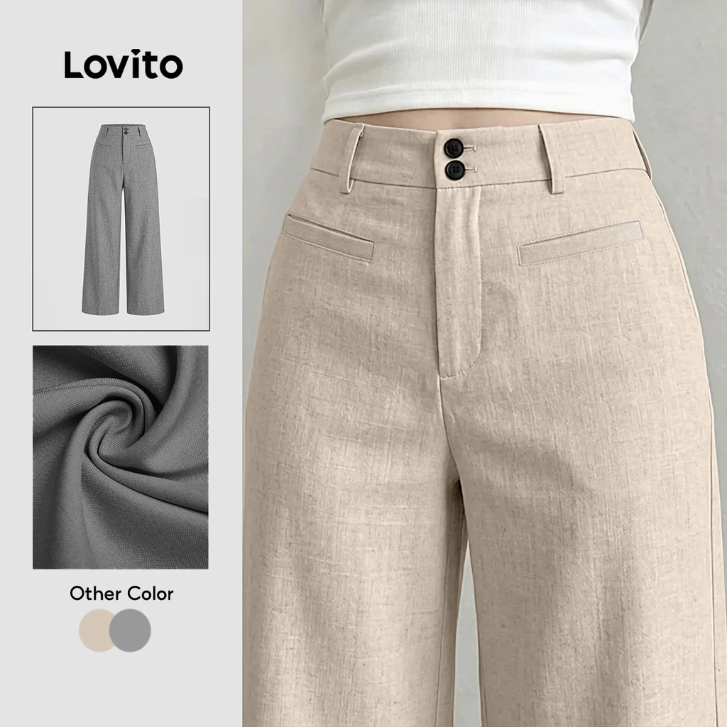 23% OFF (New Arrival) Lovito Women Casual Pants Fake Pocket Button Spring/summer Khaki Pants PTK8P1D829