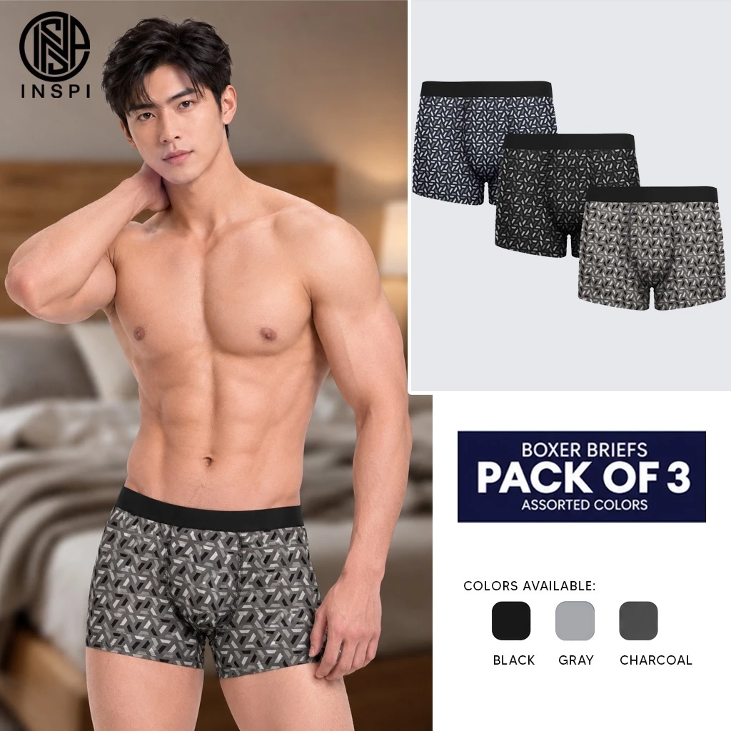 58% OFF INSPI [ 3pcs Set ] Printed Boxer Brief for Men Stretchable Assorted Colors Underwear Black Gray Blue