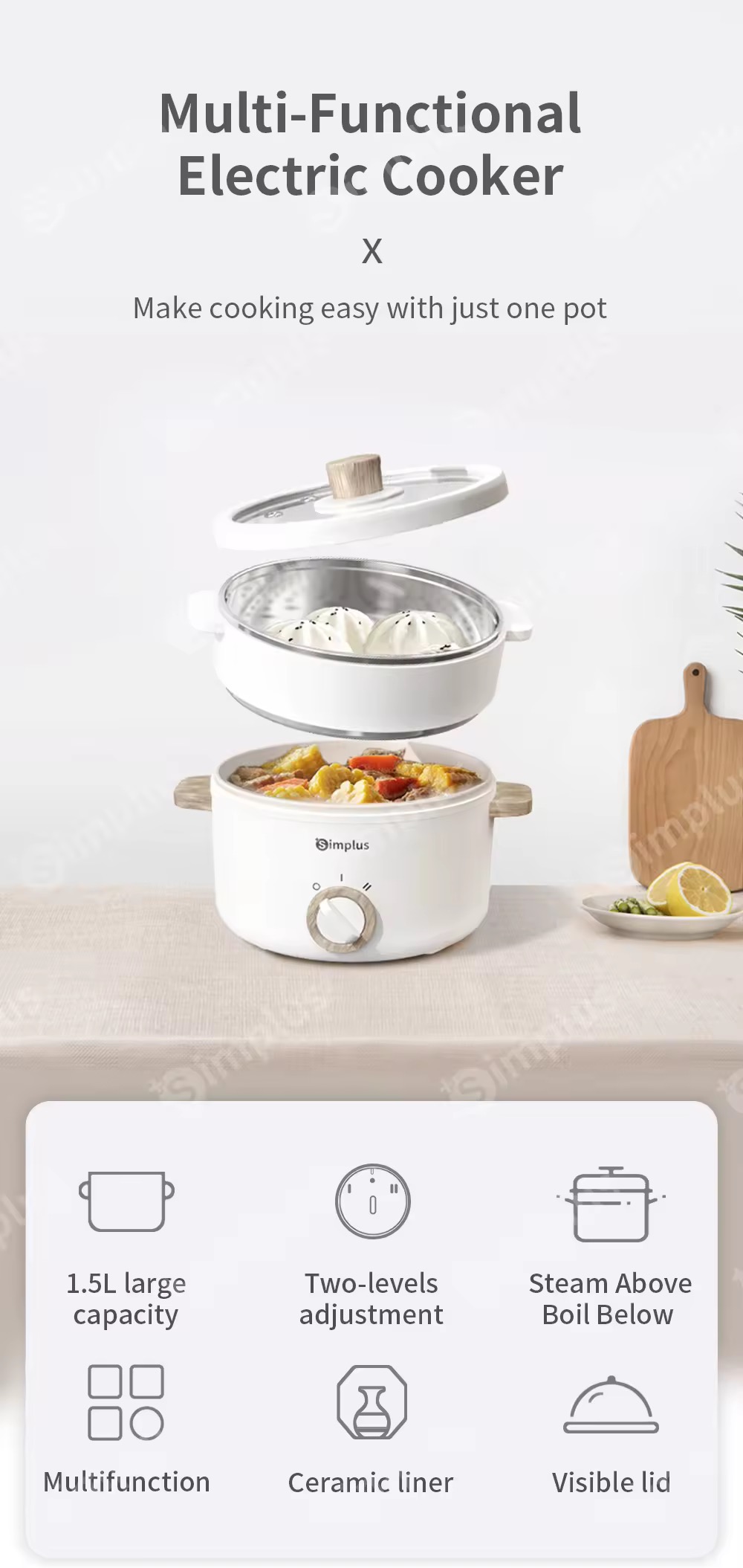 77% OFF Simplus Electric Cooker Pot  Multifunctional Electric Cooker  Rice Cooker  with Stainless Steamer 2-in-1 Non-stick Electric Hot Pot with Visible Glass Lid