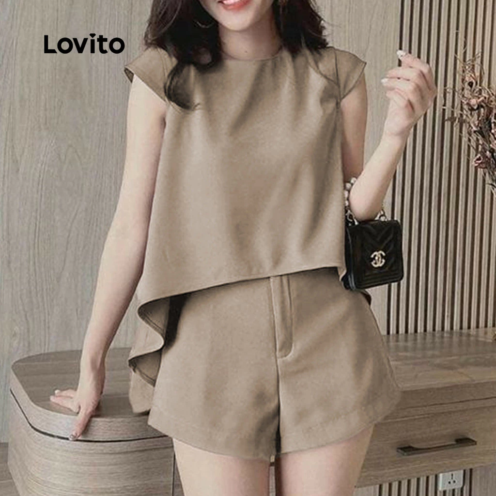 40% OFF Lovito x Marie Twins Women Casual Shorts Sets Pleated Spring/summer Khaki Shorts Sets L154ED206