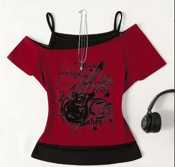20% OFF Off-The-Shoulder Two-Color Gray And Black T-Shirt with Bold Letter Print, Medium-Elastic Short-Sleeved Top