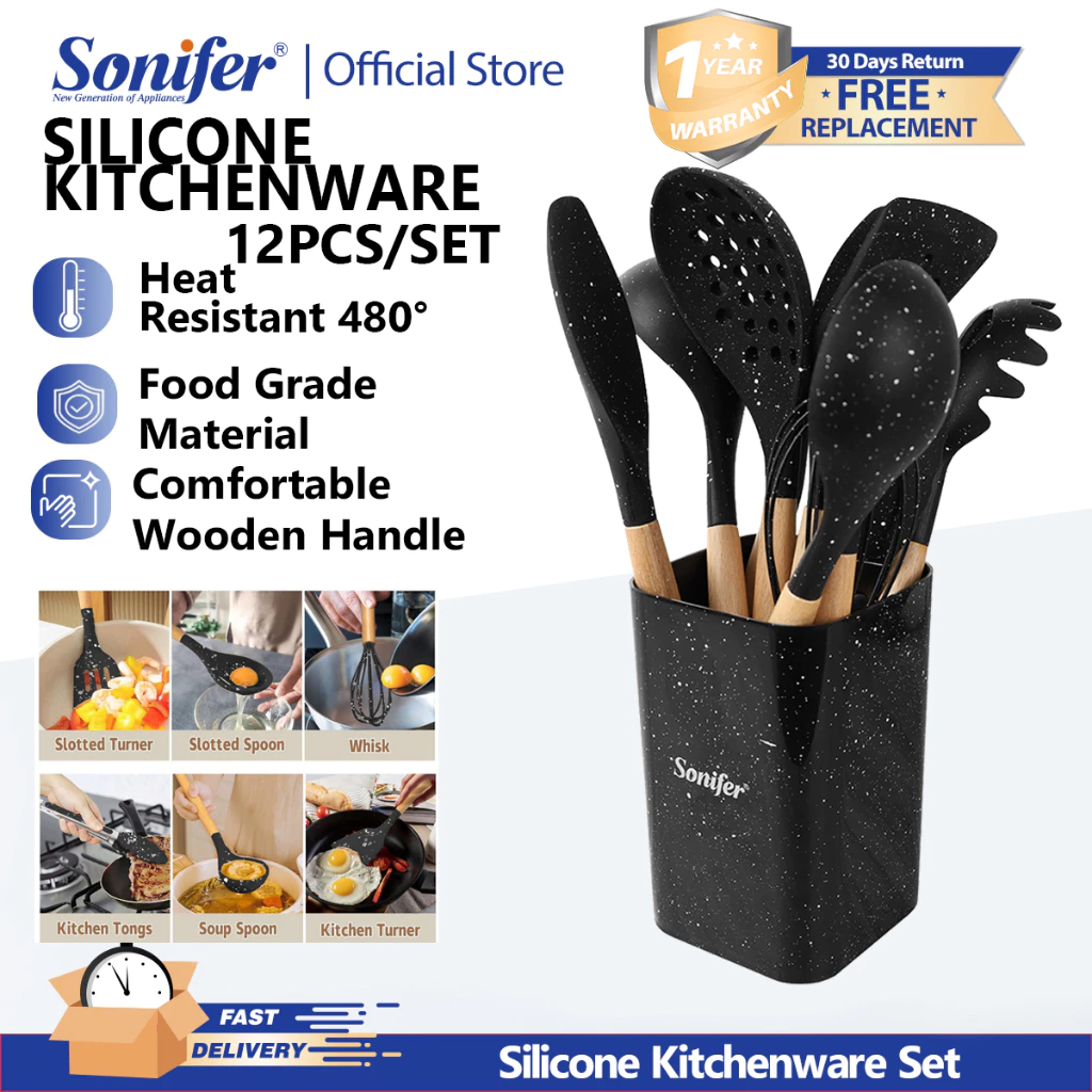 50% OFF Sonifer Silicone Utensils Set 12PCS Non Stick Kitchen Wooden Handle Kitchenware Set Heat Resistant