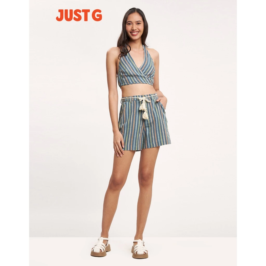 60% OFF Just G Striped Halter Overlap Top
