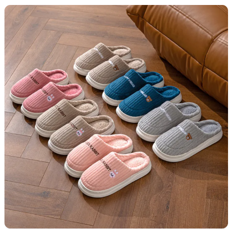54% OFF Cozy Cotton-Filled Memory Foam House Slippers with Cartoon Rabbit & Bear Detail