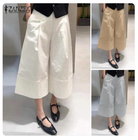 57% OFF ZANZEA Korean Style Women Summer Office Elastic Waist Solid Color Pants Wide Leg 3/4 Trousers #1008