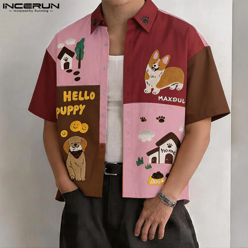 45% OFF INCERUN Men Korean Japanese-Style Turn-Down-Collar Short Sleeve Cartoon Prints Contrast Colors Shirts