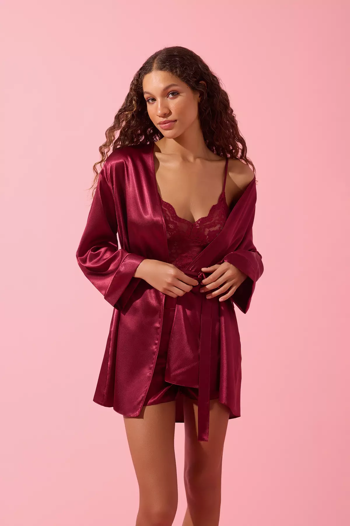 44% OFF Trendyol Burgundy Satin Lace Detailed 4-Piece Dowry Set Woven Pajama Set- Panties-Dressing Gown Thmss26Pt36