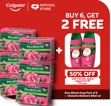 10% OFF [BUY 6, FREE 2] Palmolive Naturals Rosy Bloom Beauty Bar Soap 80g x 6 + Palmolive Intensive Moisture Shampoo 90ml x 2