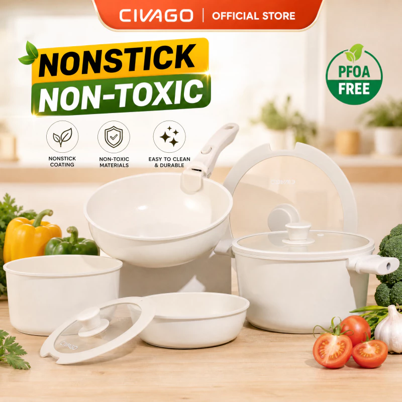 60% OFF CIVAGO Non-Stick Ceramic-Titanium Frying Pan and Soup Pot with Detachable Handle 12Pcs Cookware Set PFAS/PTFE/PFOA-Free Suitable