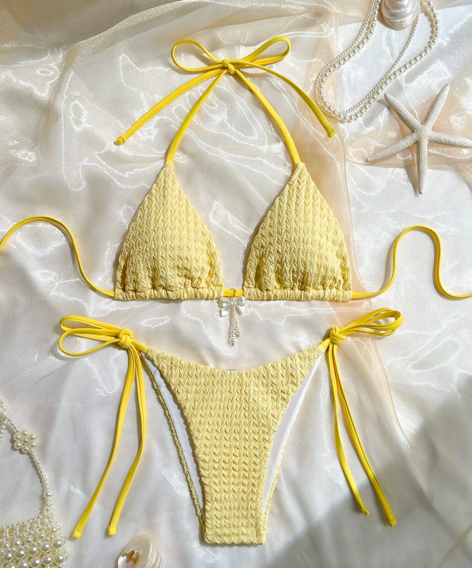 2% OFF Swim Mod 2pcs/Set Women Summer Beach Solid Color Textured Fabric Halter Triangle Bra With Bow Accent And Side Tie Briefs Bikini Set