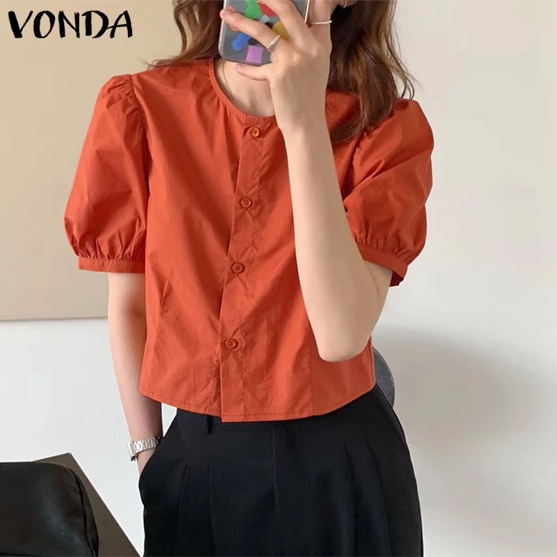 54% OFF Vonda Women Korean Round Neck Puff Sleeve Short Solid Color Button Up Blouse